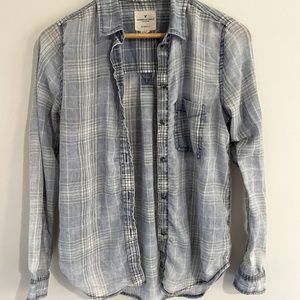 American Eagle Washed Blue Plaid Shirt XS
